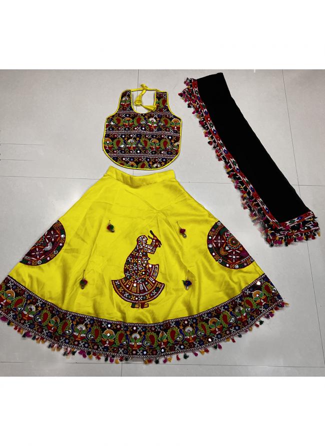 Art Silk Lemon Yellow Navratri Wear Kutchi Work Readymade Kids Lehenga Choli